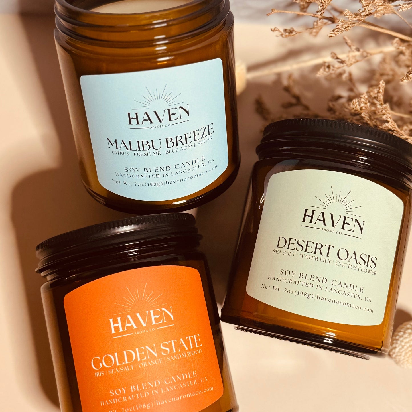 3 scented candles with California vibes