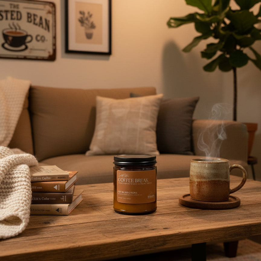 Candle labeled 'Coffee Break' and a steaming mug on a wooden table in a cozy living room.