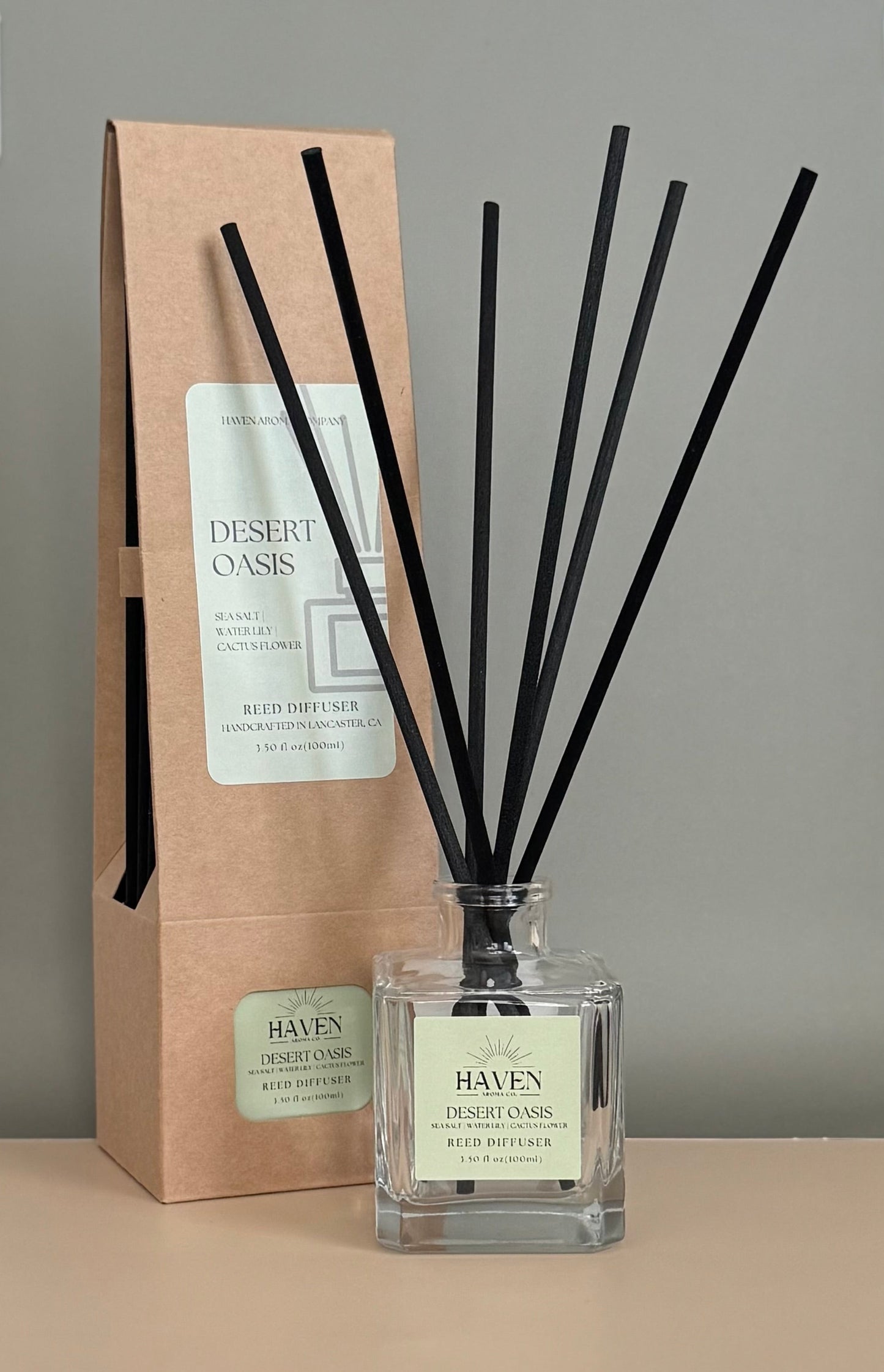 Desert Oasis reed diffuser with black felt reeds and minimalist packaging