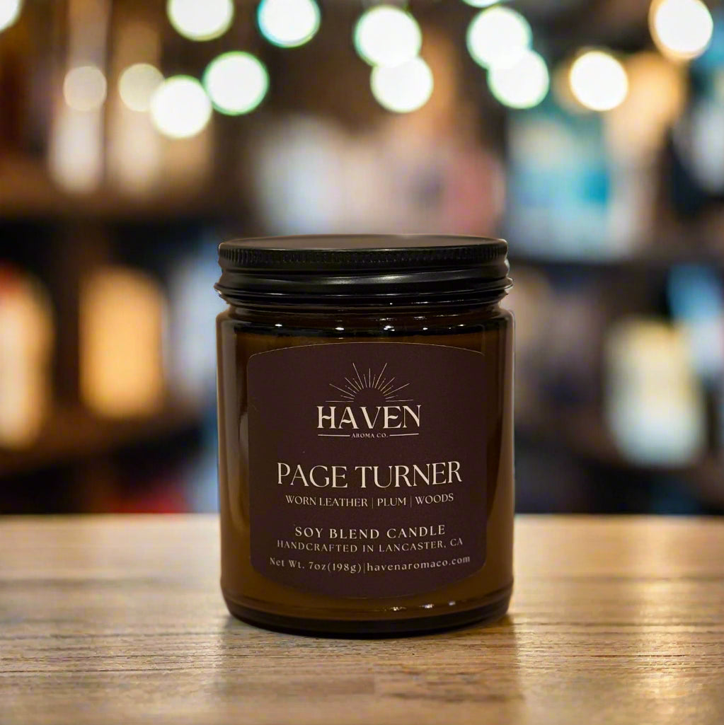Page Turner Candle- Worn Leather, Plum, Woods Scent