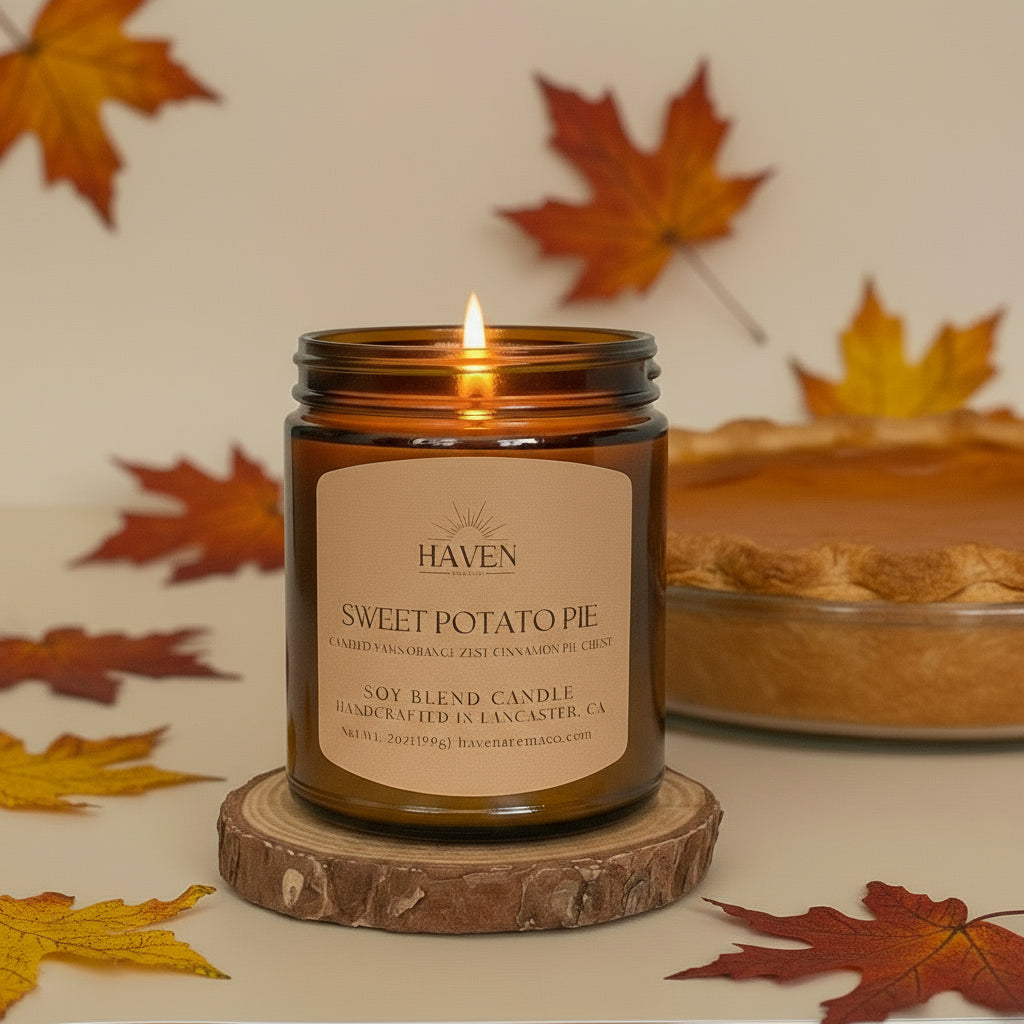 Sweet Potato Pie candle with decorative leaves on a white surface