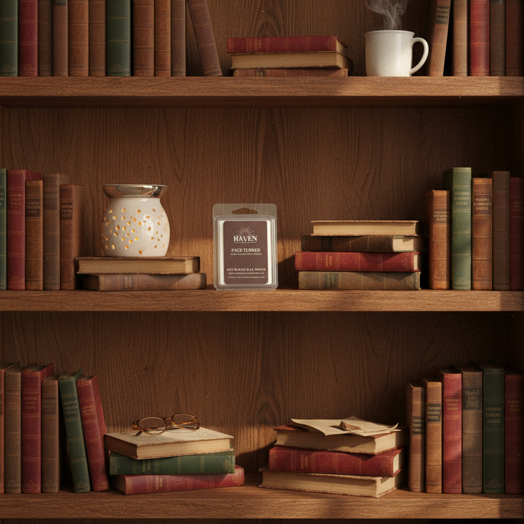 Haven brand wax melt container on a book shelf