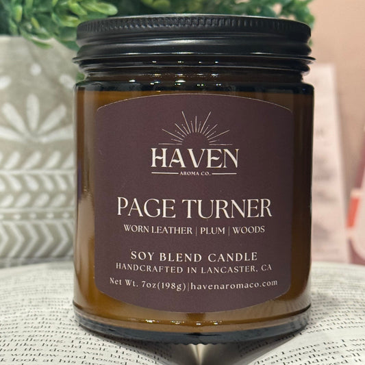 Page Turner Candle- Worn Leather, Plum, Woods Scent