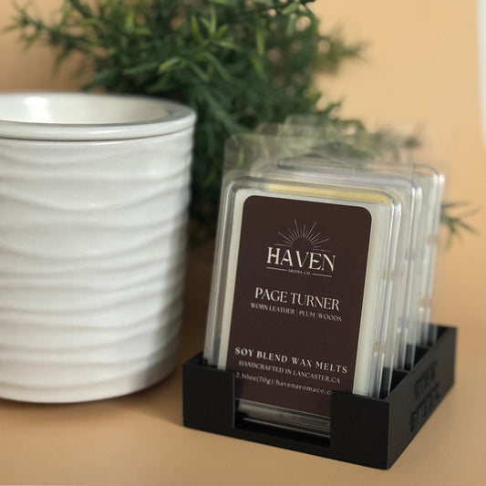 Haven Page Turner wax melts in a black holder with a plant in the background