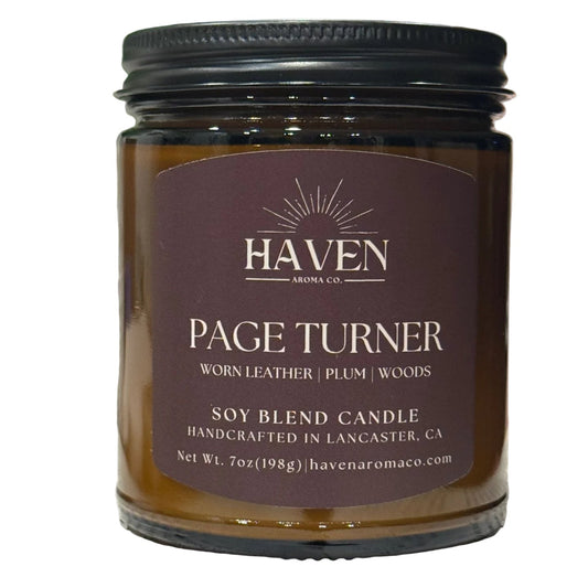 Haven Aroma Co. candle labeled 'Page Turner' on a white background