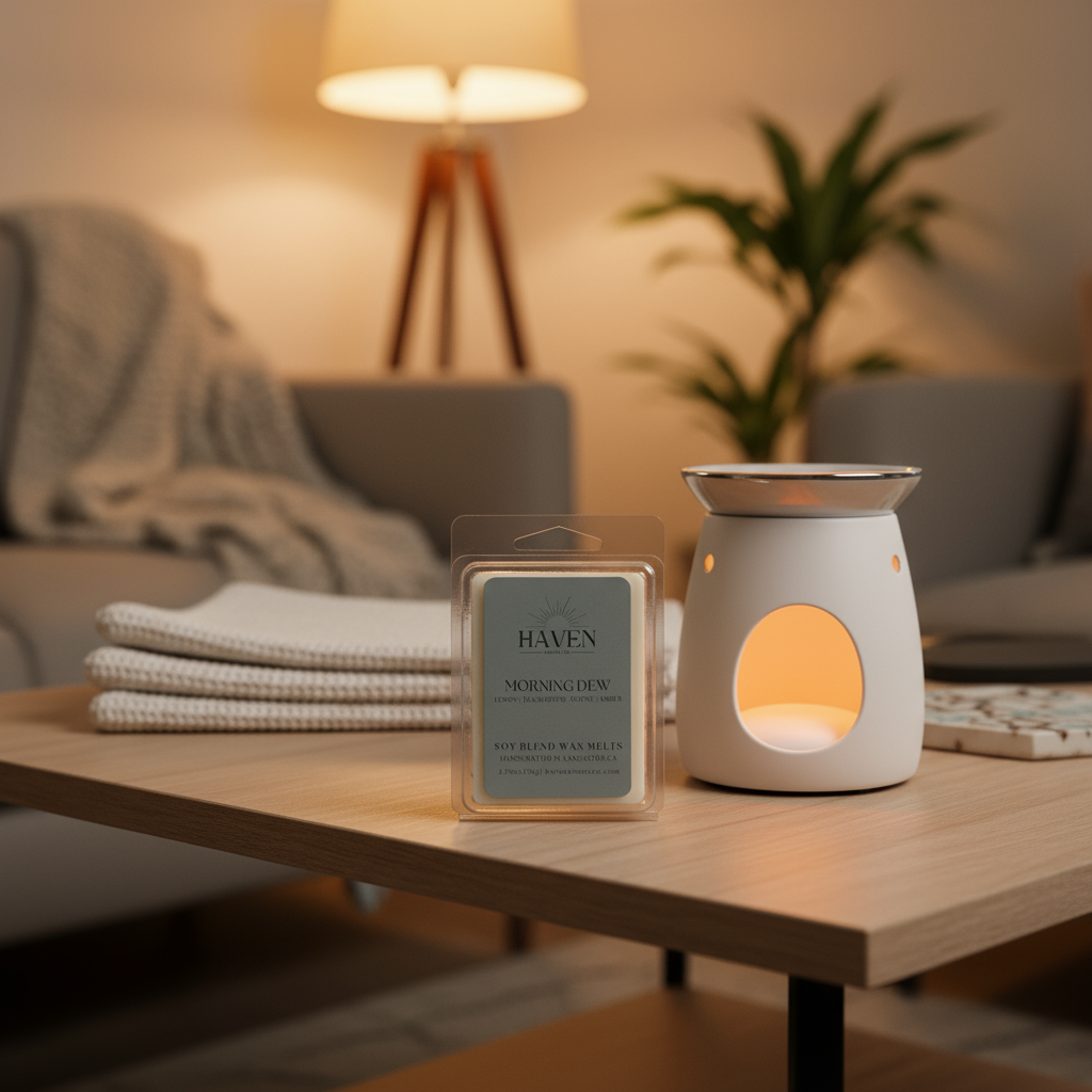 Pack of Haven Aroma Co. Morning Dew soy blend wax melts next to a wax warmer.