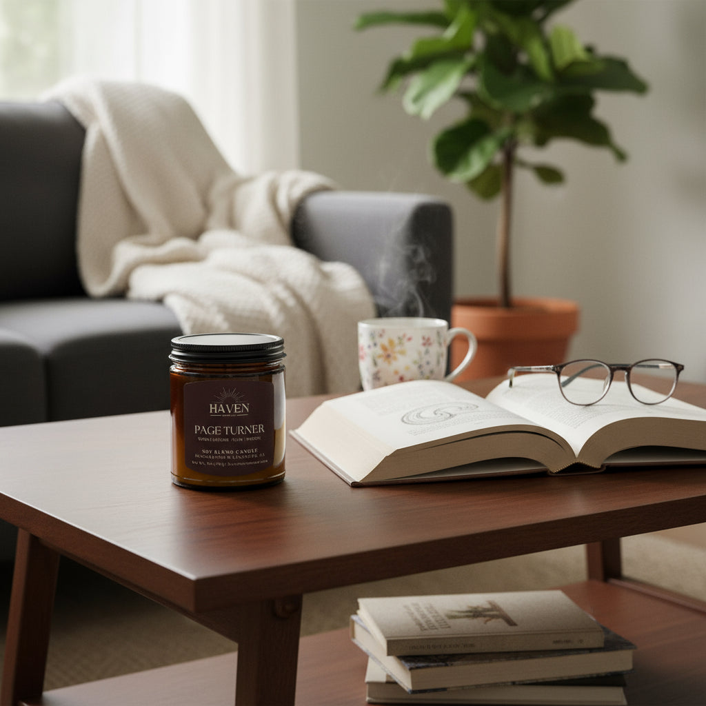 Candle jar labeled 'Page Turner' by Haven Aroma Co. next to an open book on living room table
