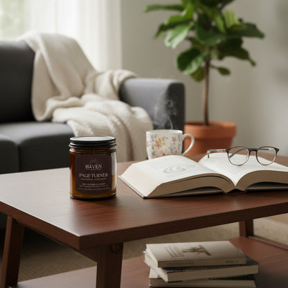 Candle jar labeled 'Page Turner' by Haven Aroma Co. next to an open book on living room table