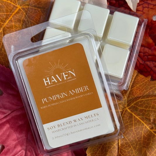 Packaged Pumpkin Amber wax melt cubes with 'HAVEN' branding on the label, displayed on a background with autumn leaves.
