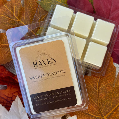 Packaged Sweet Potato Pie Wax Melts sitting on fall leaves